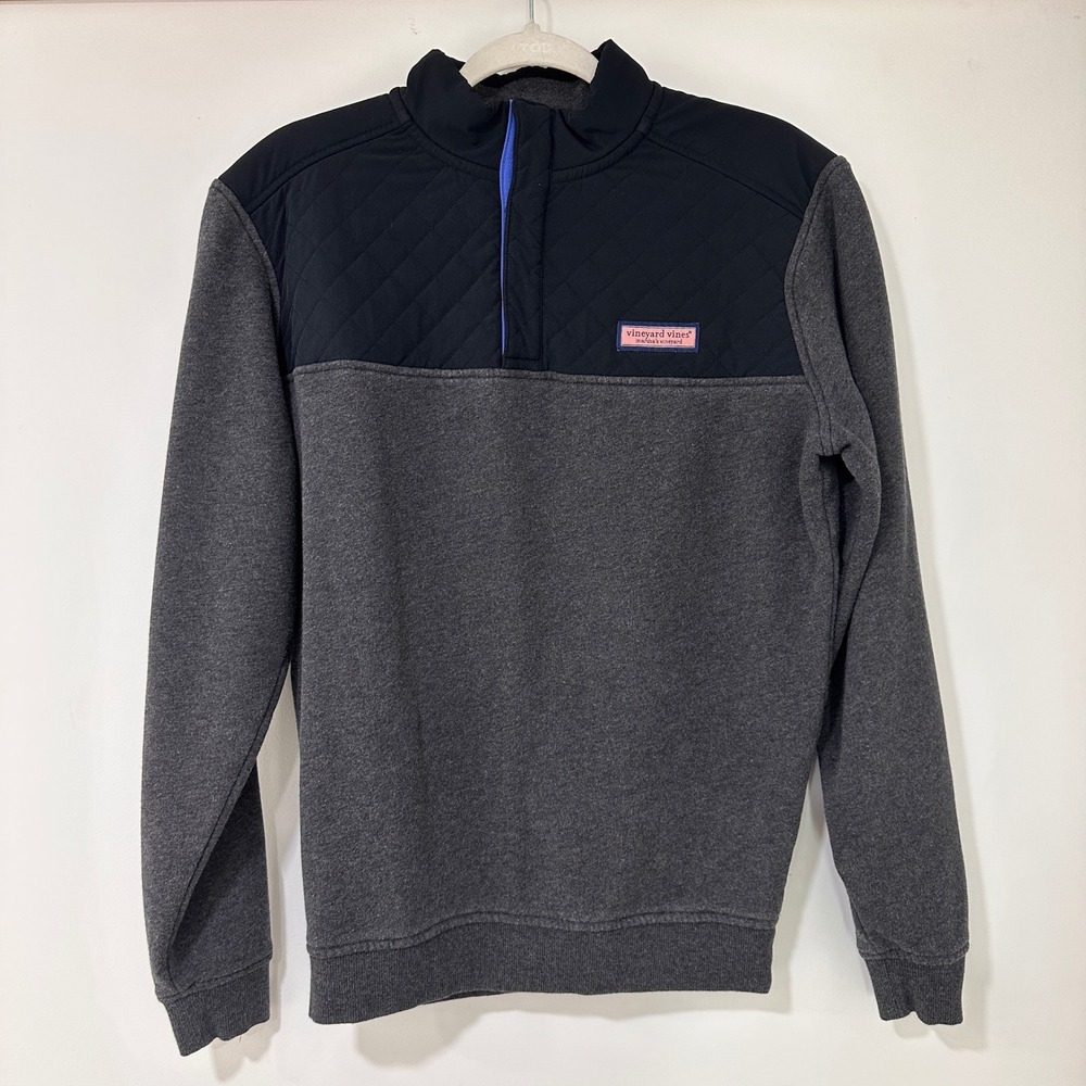 Vineyard Vines Quilted Mixed Media Pullover Mens XS Gray Navy Blue |‎ Preppy